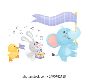 Cartoon duckling, hare and elephant in the parade. Vector illustration on a white background.