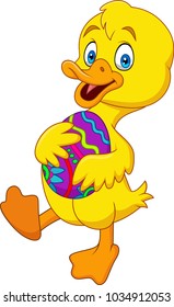 Cartoon duckling holding a decorated Easter egg