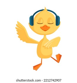 Cartoon duckling listening to music with headphones. Funny yellow baby chicks or ducks different activities, celebrating birthday, watching movie, dancing, sleeping