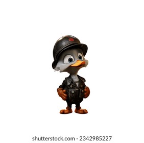 Cartoon duckling with a military helmet and uniform on a white background. Vector illustration