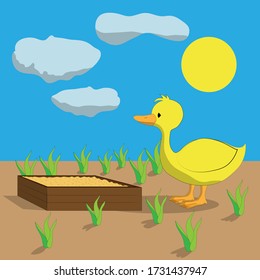 Cartoon duckling on the farm stands near the feeder. Color illustration for children.