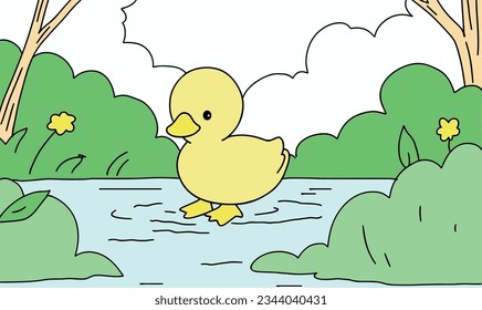 Cartoon Duckling and Pond Adventure in a Picture Book World