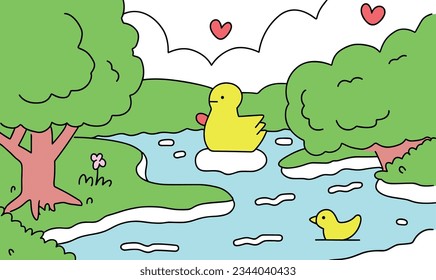 Cartoon Duckling and Pond Adventure in a Picture Book World