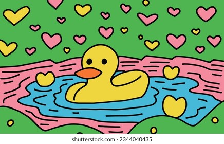 Cartoon Duckling and Pond Adventure in a Picture Book World