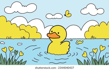 Cartoon Duckling and Pond Adventure in a Picture Book World