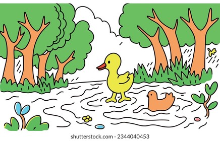 Cartoon Duckling and Pond Adventure in a Picture Book World