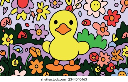 Cartoon Duckling and Pond Adventure in a Picture Book World