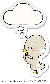 cartoon duckling with thought bubble as a distressed worn sticker