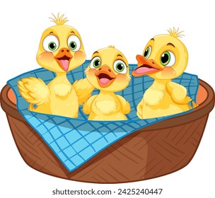 Patitos de dibujos animados sonriendo dentro de una cesta tejida