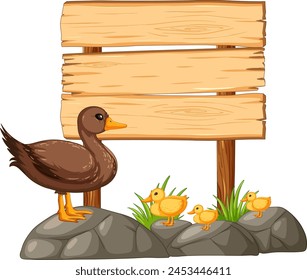 Cartoon ducks beside a blank wooden signboard.
