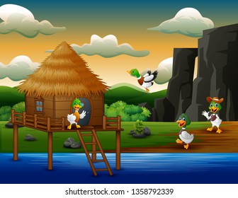 Cartoon ducks flies to a hut on the river