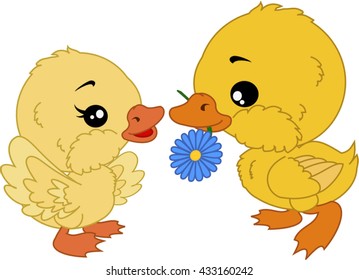 Cartoon ducks with flower.