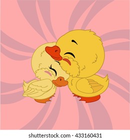 Cartoon ducks with pink background.
