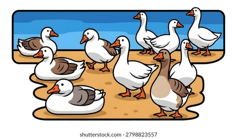 Cartoon ducks standing on sand together