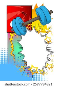 Cartoon Dumbbell with blank speech bubble, comic book Powerlifting background. Retro vector comics pop art design.