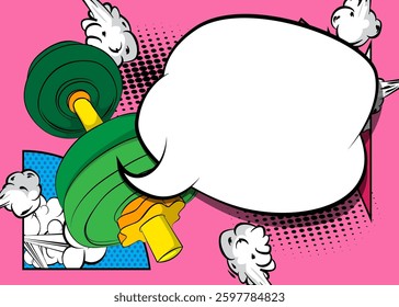 Cartoon Dumbbell with blank speech bubble, comic book Powerlifting background. Retro vector comics pop art design.