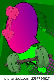 Cartoon Dumbbell with blank speech bubble, comic book Powerlifting background. Retro vector comics pop art design.