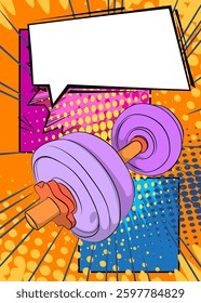 Cartoon Dumbbell with blank speech bubble, comic book Powerlifting background. Retro vector comics pop art design.