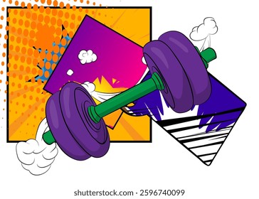 Cartoon Dumbbell, comic book Gym. Retro vector comics pop art design.
