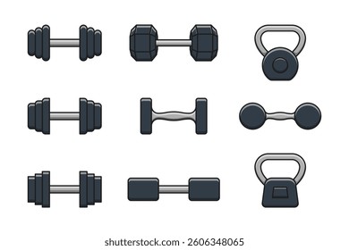 Cartoon Dumbbell and Kettlebell Collection – Fitness and Gym Equipment Icons