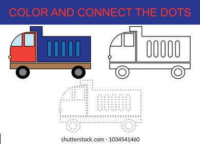 Cartoon dump truck. Dot to dot educational paper game for preschool children. Coloring page. 
