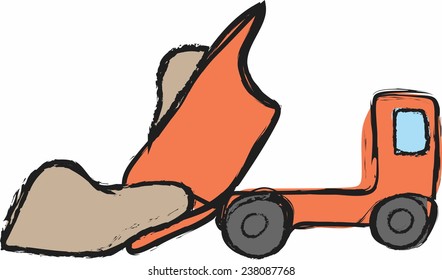 cartoon dump truck dumps its load of rock and soil 