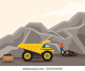 A cartoon of a dump truck with a man in orange hard hat and orange pants