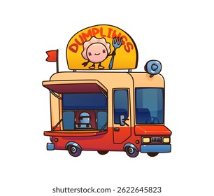 Cartoon dumpling food truck car, festival street foodtruck van with a cheerful dumpling mascot holding a fork on top, service window, cooking pot, bold signage, for asian street food and festivals
