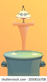 cartoon dumpling jumping into a pot of water, vector illustration