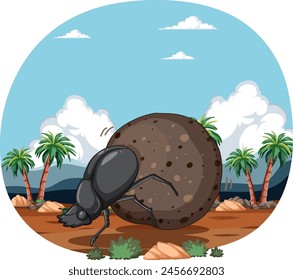 Cartoon dung beetle pushing a large ball.