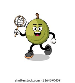 Cartoon of durian fruit catching a butterfly , character design