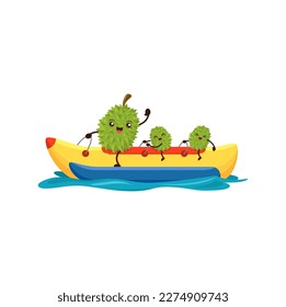 Cartoon durian fruits team row on kayak in ocean. Comical food personages engaging in sports recreational activity on summer holidays. Isolated vector fresh durians outdoor fun and relaxation at sea