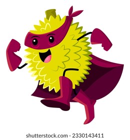 Cartoon durian or jackfruit superhero and defender character running towards danger, ready to protect their community. Determined tropical fruit vector personage wear purple cloak and mask