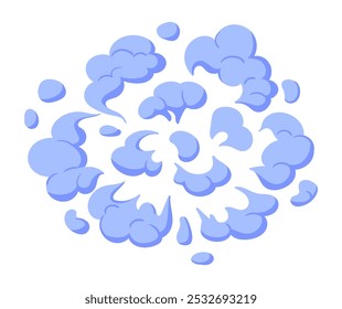 Cartoon dust cloud. Comic book smoke puff cloud element, streaming dust puff flat vector illustration. Blue smoke explosion cloud on white