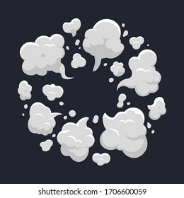 Nube de polvo de caricatura. Explosión de nube de polvo cómico, vapor, nube de humo explotó. Elemento de acción de nube ilustración vectorial aislada. Humo y niebla de polvo, recogida de smog nuboso para el juego