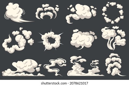 Cartoon dust clouds. Comic cloud shape, spray air smoke, fog road, explosion bomb, car gas, puff magic effect, steam wind silhouette, spooky fume smog, neat gam explode bubbles. Vector illustration