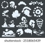 Cartoon dust clouds Set. Comic cloud shape, spray air smoke, fog road, explosion bomb, car gas, puff magic effect, steam wind silhouette, spooky fume smog, gam explode bubbles. Vector illustration