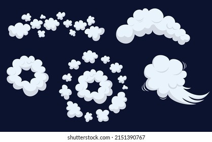 Cartoon Dust Clouds Set. Comic Cloud Shape, Spray Air Smoke, Fog Road, Explosion Bomb, Car Gas, Puff Magic Effect, Steam Wind Silhouette, Spooky Fume Smog, Gam Explode Bubbles. Vector Illustration