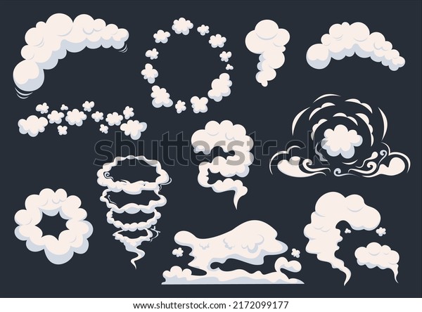 Cartoon dust clouds Set. Comic cloud shape,\
spray air smoke, fog road, explosion bomb, car gas, puff magic\
effect, steam wind silhouette, spooky fume smog, gam explode\
bubbles. Vector\
illustration