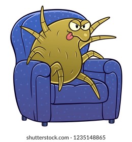 Cartoon Dust Mite On The Armchair. Cartoon Pest Series.