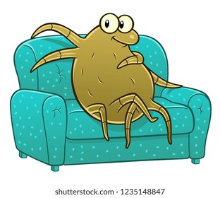 Cartoon Dust Mite On The Sofa. Cartoon Pest Series.