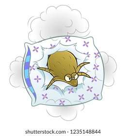 Cartoon dust mite in the pillow with dust clouds. Cartoon pest series.