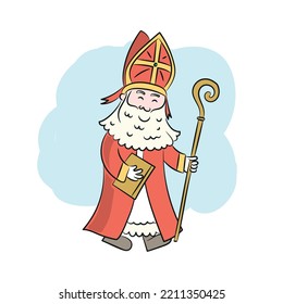 Cartoon of dutch sinterklaas walking with book, staff and miter