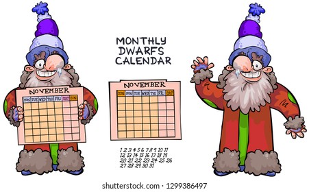 Cartoon dwarf character with monthly panel- two options for week arrangement. All is in separate layers for easy editing.