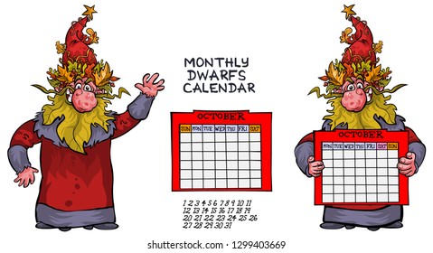 Cartoon dwarf character with monthly panel- two options for week arrangement. All is in separate layers for easy editing.