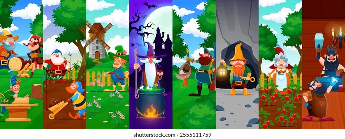 Cartoon dwarf and gnome characters collage. Vector fantasy wizard and villager, hunter, smith and lumberjack or gardener personages woodcutting, gardening, making potion and blacksmithing in fairytale