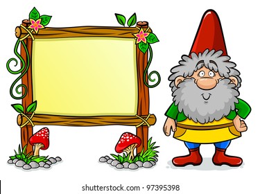 cartoon dwarf standing next to a blank message board