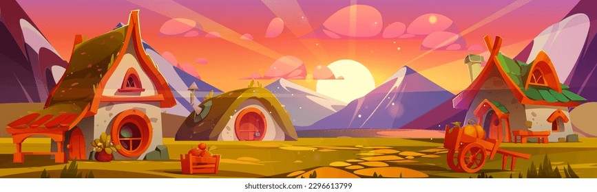 Caricatura de la aldea enana en el valle de montaña al atardecer. Ilustración vectorial de pequeñas casas de cuento de hadas con ventanas redondas, equipamiento agrícola, cosecha de frutas y verduras en otoño. Fondo de juego fantástico