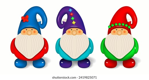 Cartoon dwarfs. Figures of a small bearded gnomes in color clothes and caps