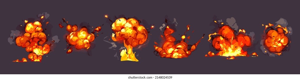 Dinamita de caricatura o explosión de bomba, incendio provocado. Nubes de boom y elementos de humo para el diseño del juego ui. Explosión explosiva peligrosa, detonadores de cómics atómicos para la animación móvil, iconos vectores aislados Vector de stock